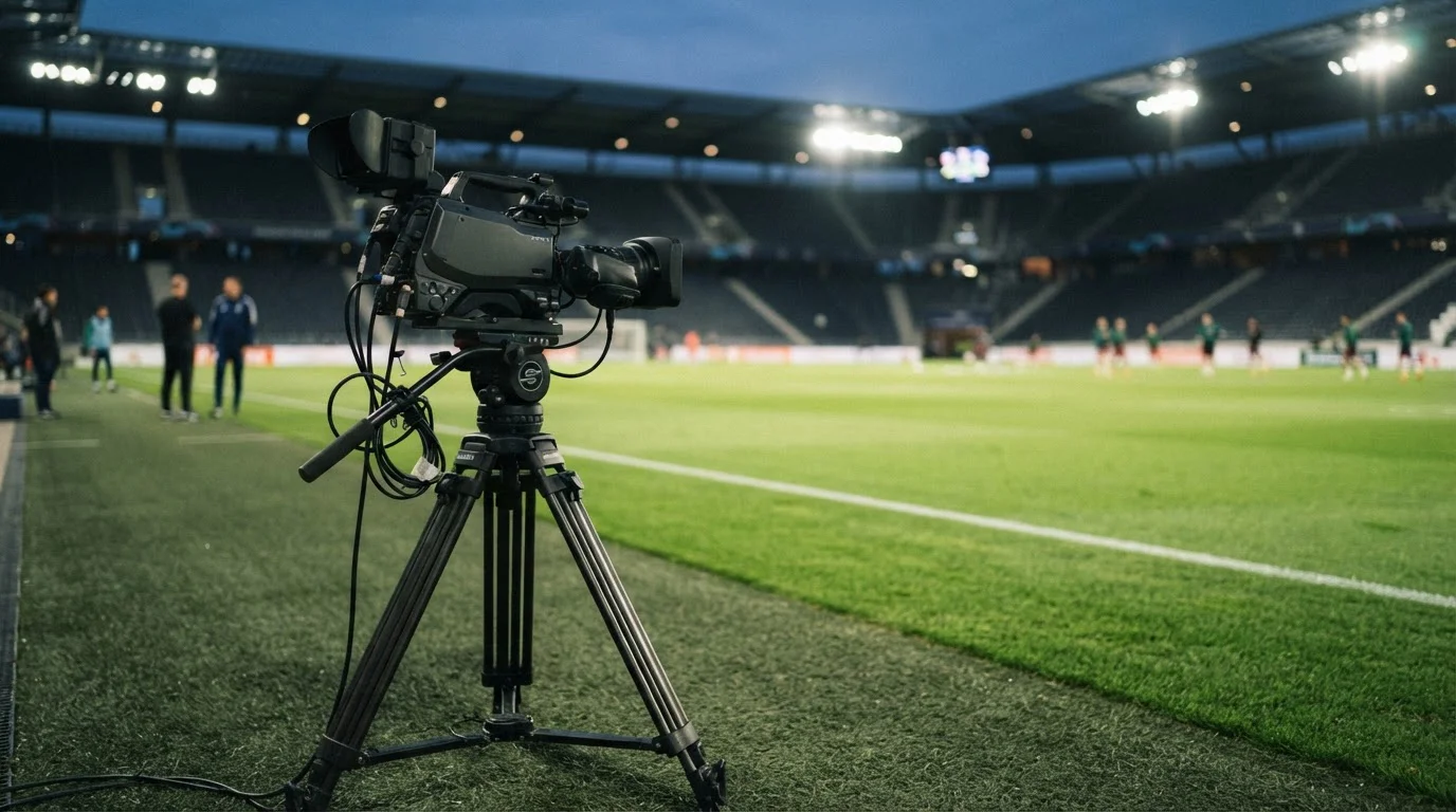 Professionelle Übertragungskamera auf einem Stativ direkt am Fußballspielfeld