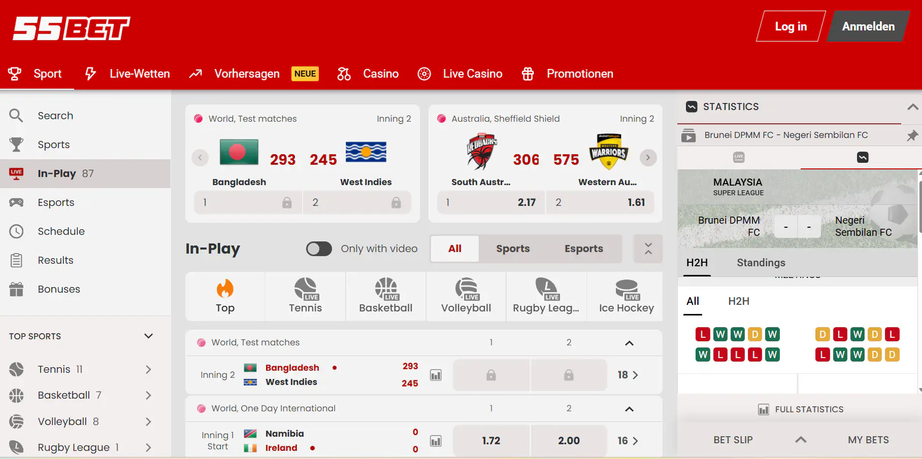 Sportwettenbereich mit Sportarten und Quoten in der Navigation von 55bet