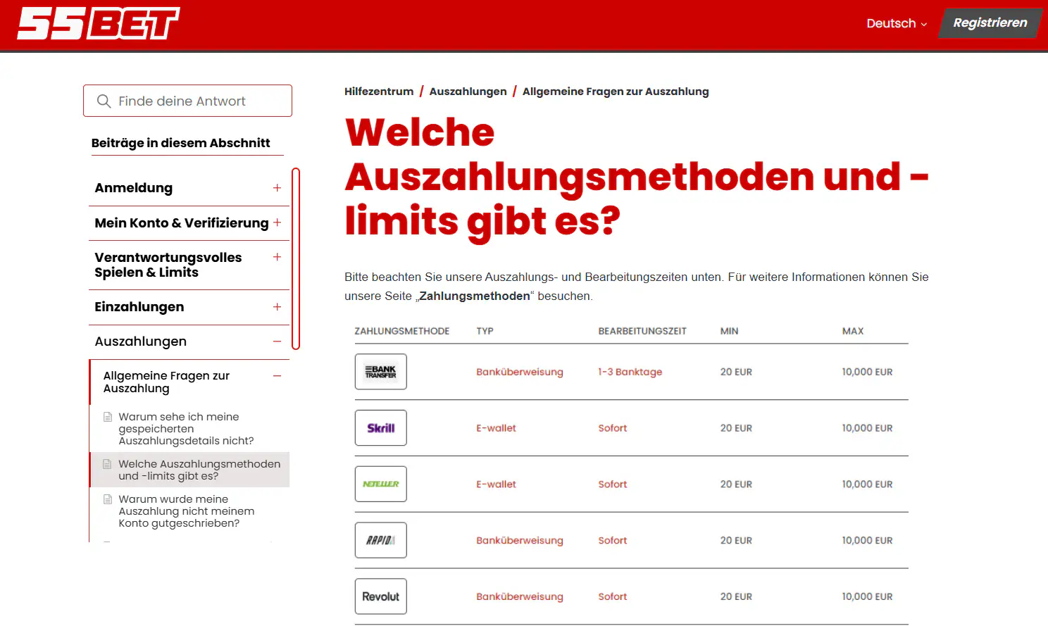 Hilfebereich von 55bet mit Erläuterungen zu Auszahlungsmethoden und Bearbeitungszeiten