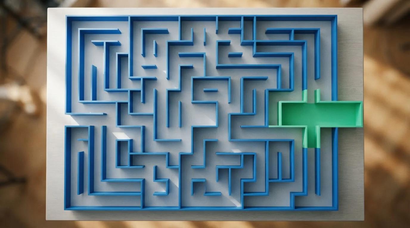 Abstraktes helles Labyrinth mit eindeutig erkennbarem Ausgang