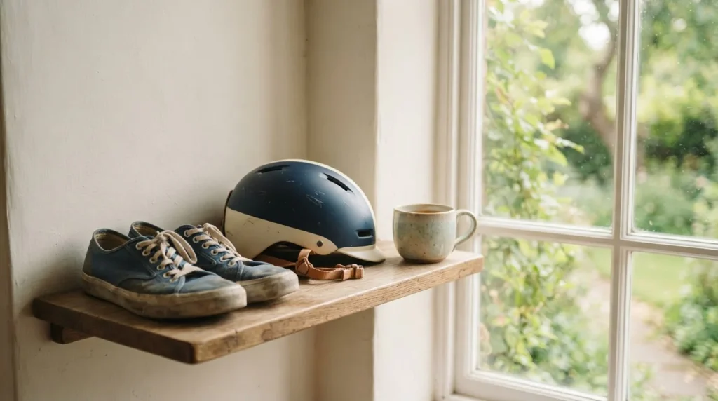 Laufschuhe neben einer Parkbank und einem ruhigen Weg im Grünen