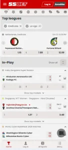 Mobiler Sportbereich von 55bet mit Navigation und angepasster Wettübersicht